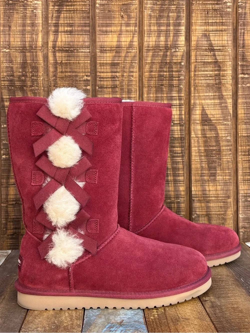 Koolaburra By UGG Victoria Red Wine Color Tall Boots With Pom-Pom Bows